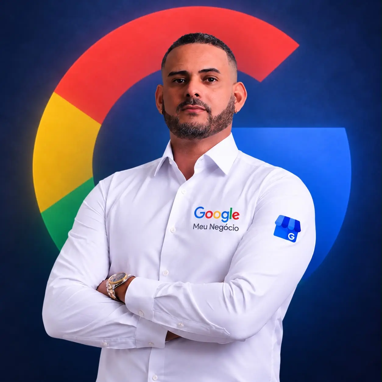 Nilson Pereira Júnior sozinho, com uniforme profissional e fundo azul